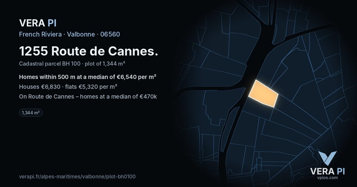 1255 Route de Cannes, Valbonne at night – the plot lit, the parcels around coloured by the prices near them