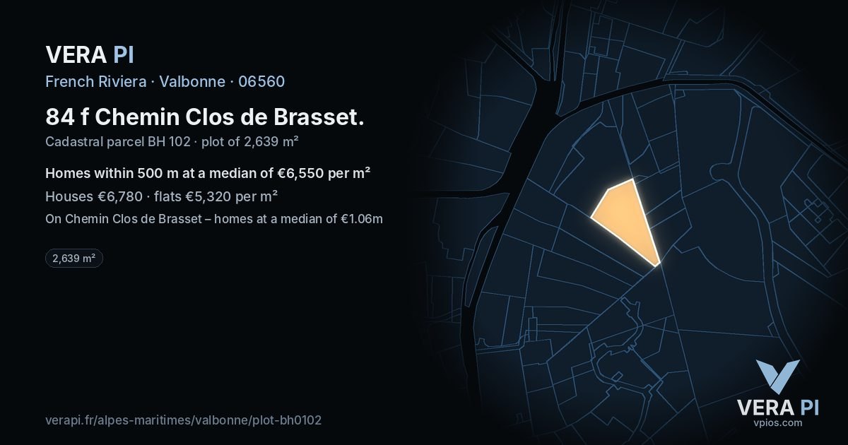 84 f Chemin Clos de Brasset, Valbonne at night – the plot lit, the parcels around coloured by the prices near them