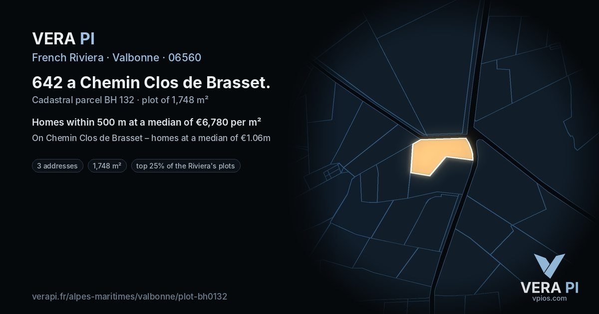 642 a Chemin Clos de Brasset, Valbonne at night – the plot lit, the parcels around coloured by the prices near them