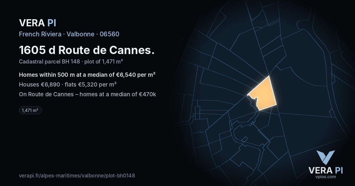 1605 d Route de Cannes, Valbonne at night – the plot lit, the parcels around coloured by the prices near them