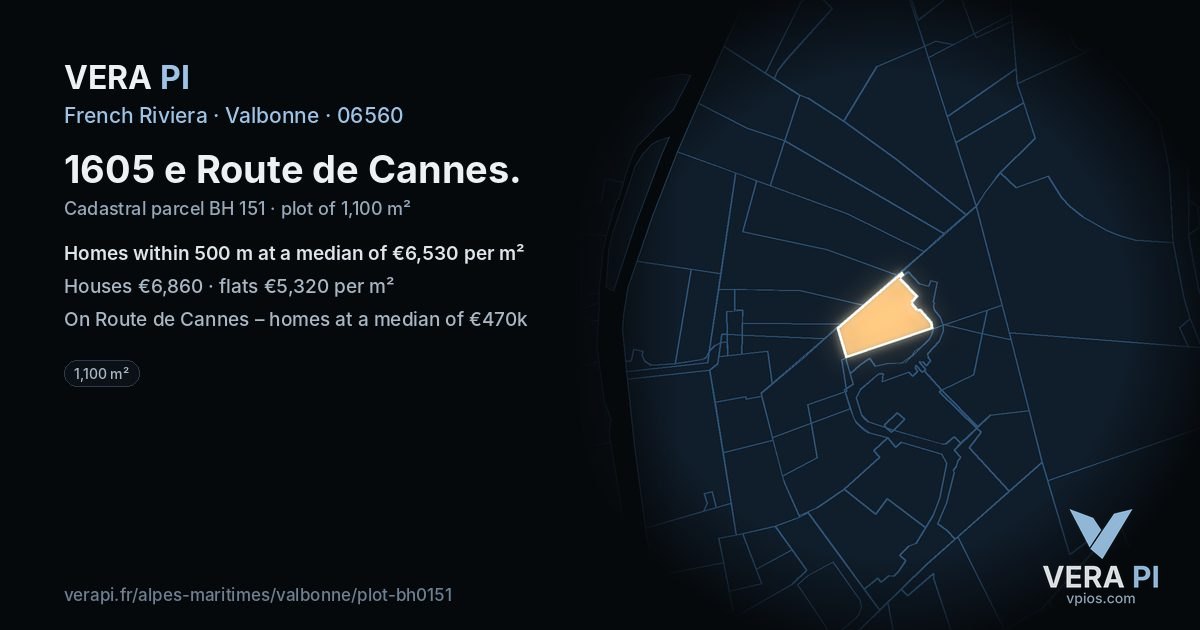 1605 e Route de Cannes, Valbonne at night – the plot lit, the parcels around coloured by the prices near them