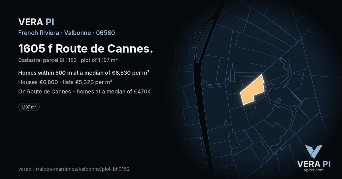 1605 f Route de Cannes, Valbonne at night – the plot lit, the parcels around coloured by the prices near them