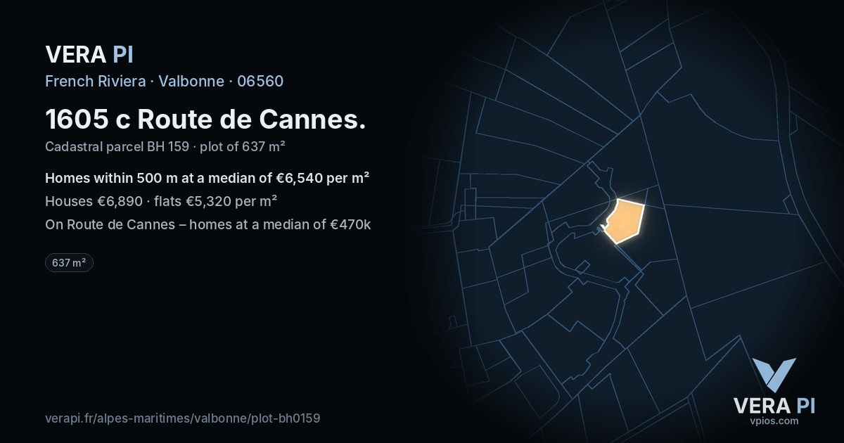1605 c Route de Cannes, Valbonne at night – the plot lit, the parcels around coloured by the prices near them