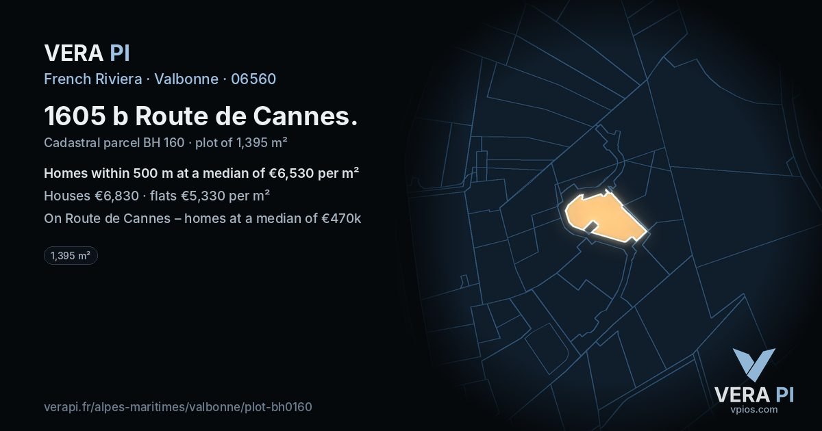 1605 b Route de Cannes, Valbonne at night – the plot lit, the parcels around coloured by the prices near them