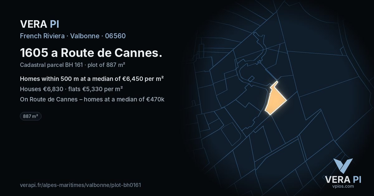 1605 a Route de Cannes, Valbonne at night – the plot lit, the parcels around coloured by the prices near them