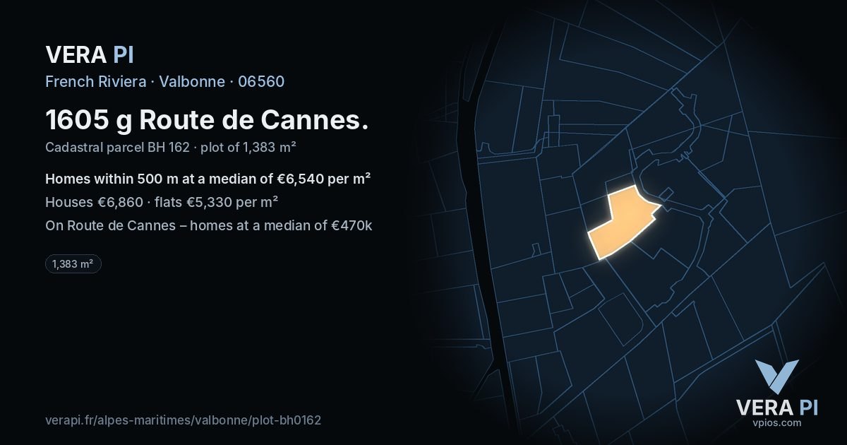 1605 g Route de Cannes, Valbonne at night – the plot lit, the parcels around coloured by the prices near them