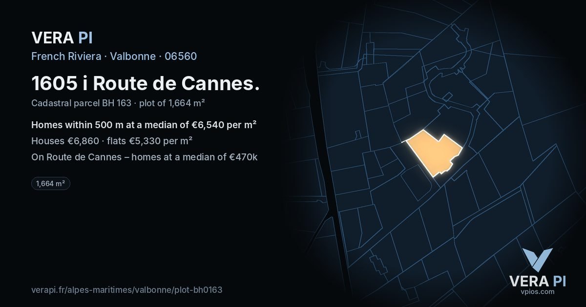 1605 i Route de Cannes, Valbonne at night – the plot lit, the parcels around coloured by the prices near them