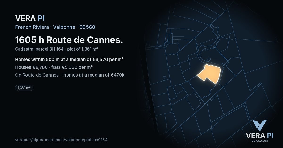 1605 h Route de Cannes, Valbonne at night – the plot lit, the parcels around coloured by the prices near them