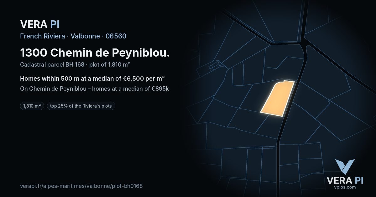 1300 Chemin de Peyniblou, Valbonne at night – the plot lit, the parcels around coloured by the prices near them