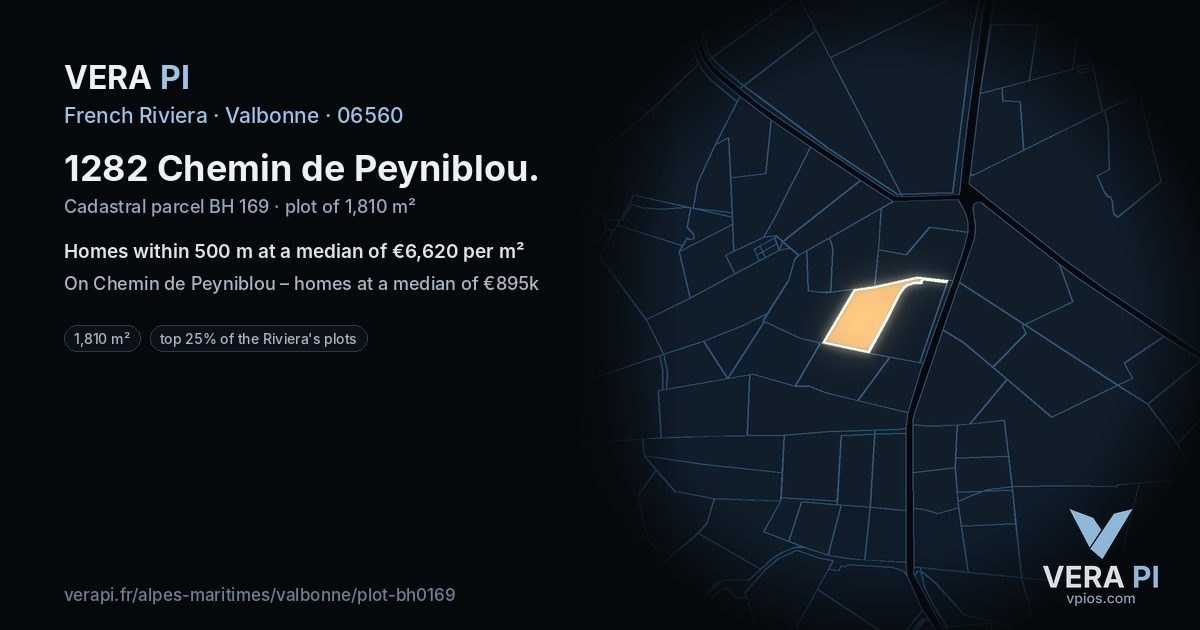 1282 Chemin de Peyniblou, Valbonne at night – the plot lit, the parcels around coloured by the prices near them