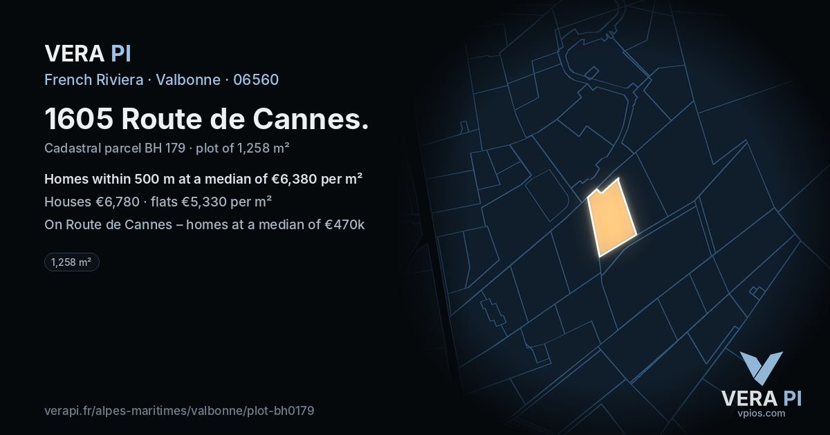1605 Route de Cannes, Valbonne at night – the plot lit, the parcels around coloured by the prices near them