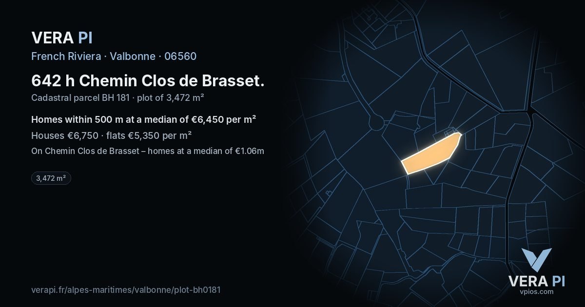 642 h Chemin Clos de Brasset, Valbonne at night – the plot lit, the parcels around coloured by the prices near them