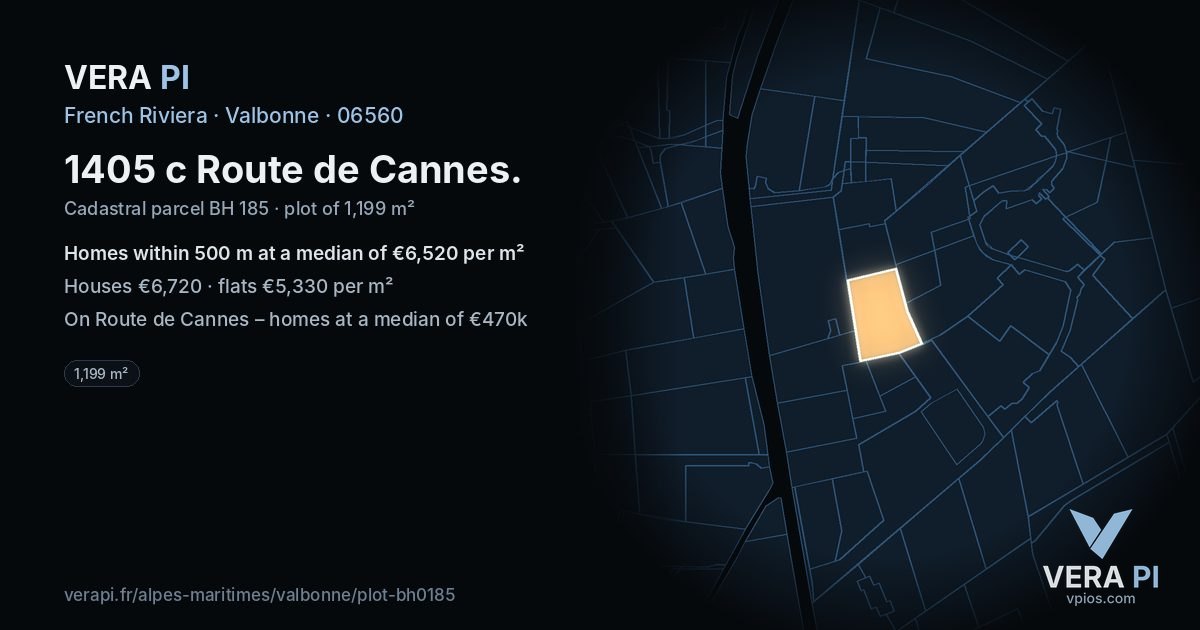 1405 c Route de Cannes, Valbonne at night – the plot lit, the parcels around coloured by the prices near them