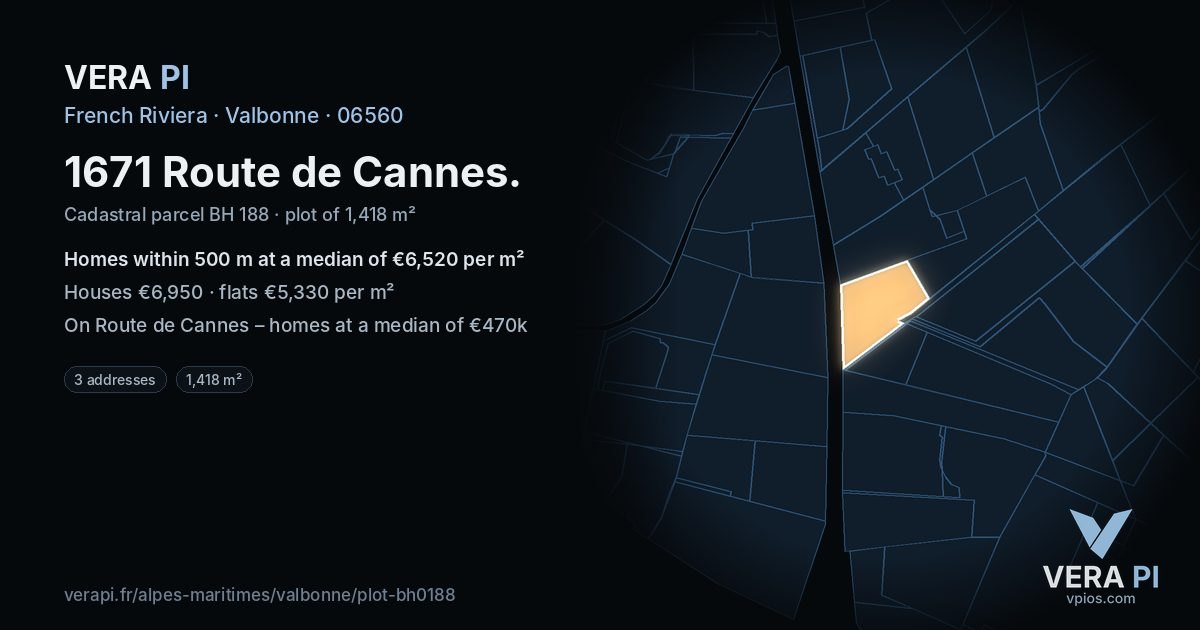 1671 Route de Cannes, Valbonne at night – the plot lit, the parcels around coloured by the prices near them