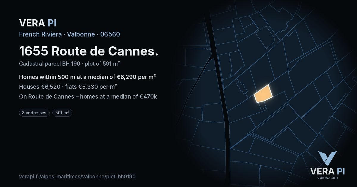 1655 Route de Cannes, Valbonne at night – the plot lit, the parcels around coloured by the prices near them
