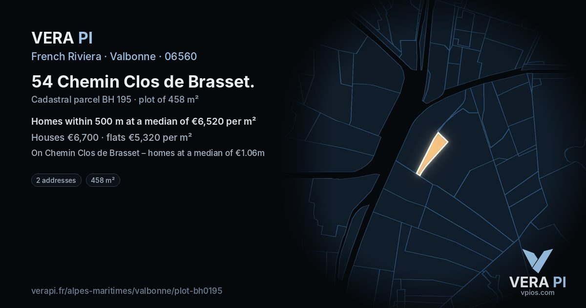 54 Chemin Clos de Brasset, Valbonne at night – the plot lit, the parcels around coloured by the prices near them