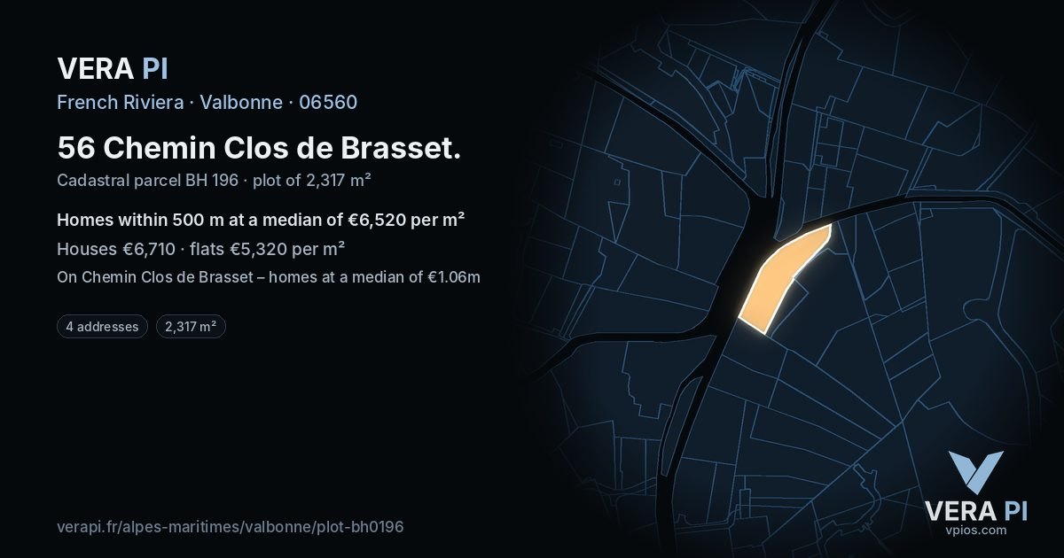 56 Chemin Clos de Brasset, Valbonne at night – the plot lit, the parcels around coloured by the prices near them