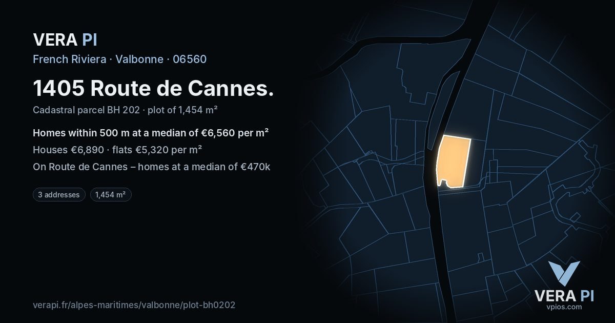 1405 Route de Cannes, Valbonne at night – the plot lit, the parcels around coloured by the prices near them