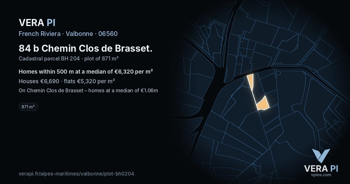 84 b Chemin Clos de Brasset, Valbonne at night – the plot lit, the parcels around coloured by the prices near them