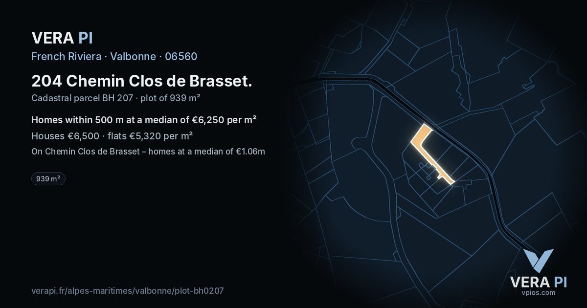 204 Chemin Clos de Brasset, Valbonne at night – the plot lit, the parcels around coloured by the prices near them