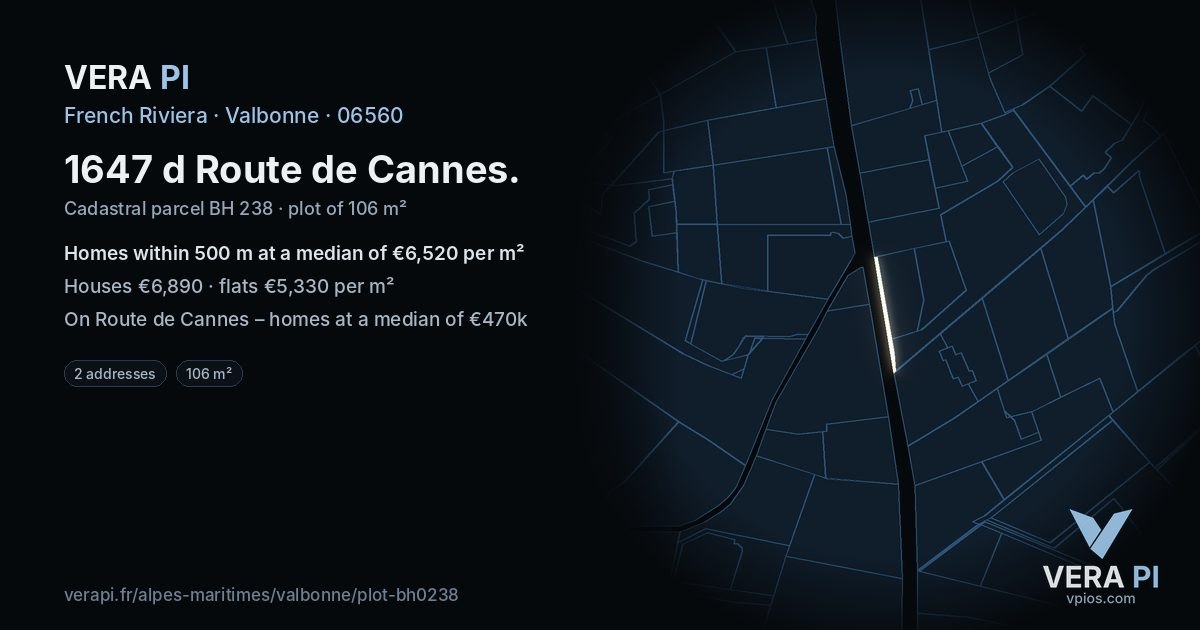 1647 d Route de Cannes, Valbonne at night – the plot lit, the parcels around coloured by the prices near them