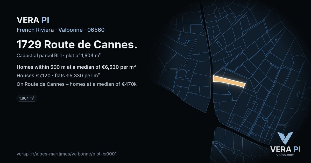 1729 Route de Cannes, Valbonne at night – the plot lit, the parcels around coloured by the prices near them