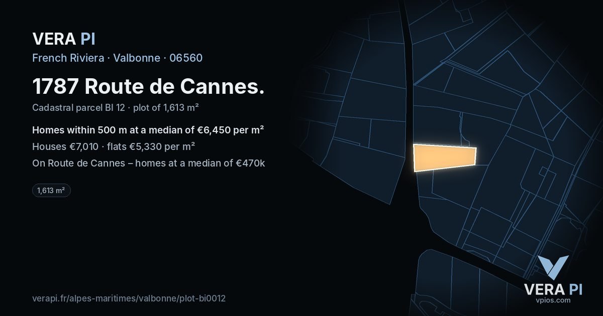 1787 Route de Cannes, Valbonne at night – the plot lit, the parcels around coloured by the prices near them