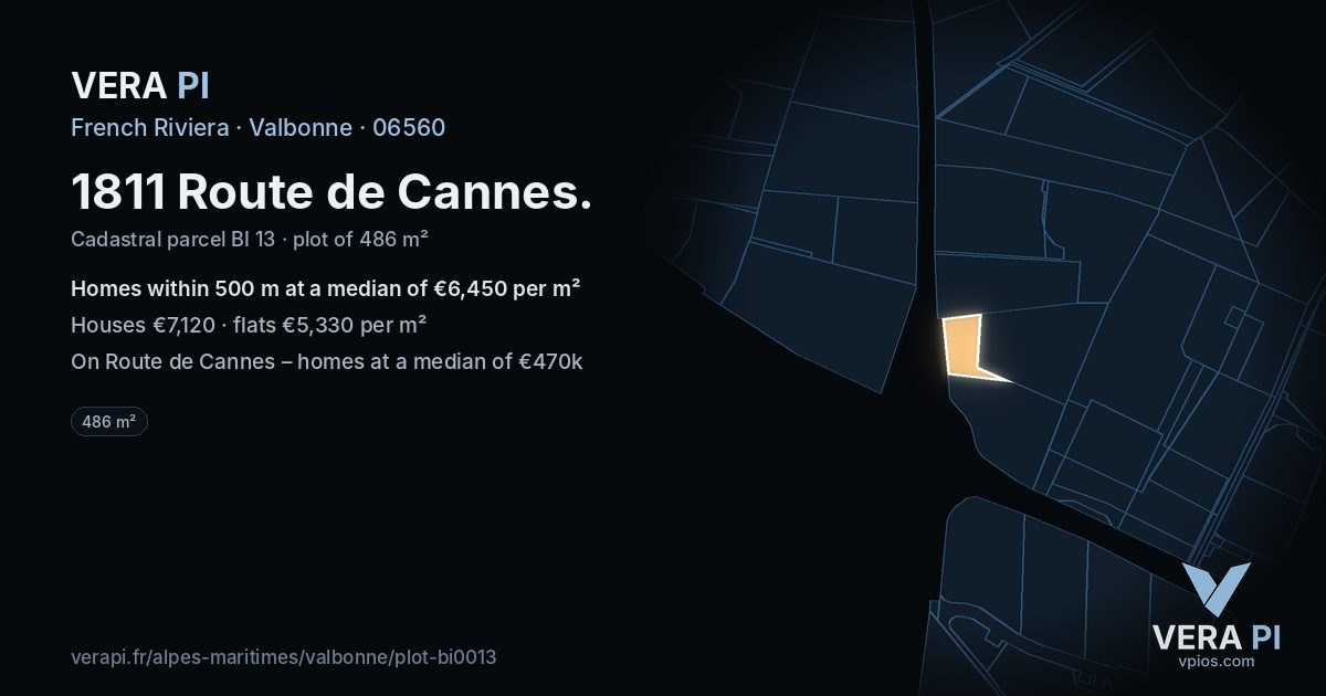 1811 Route de Cannes, Valbonne at night – the plot lit, the parcels around coloured by the prices near them