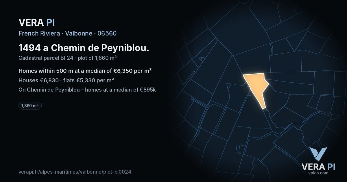 1494 a Chemin de Peyniblou, Valbonne at night – the plot lit, the parcels around coloured by the prices near them