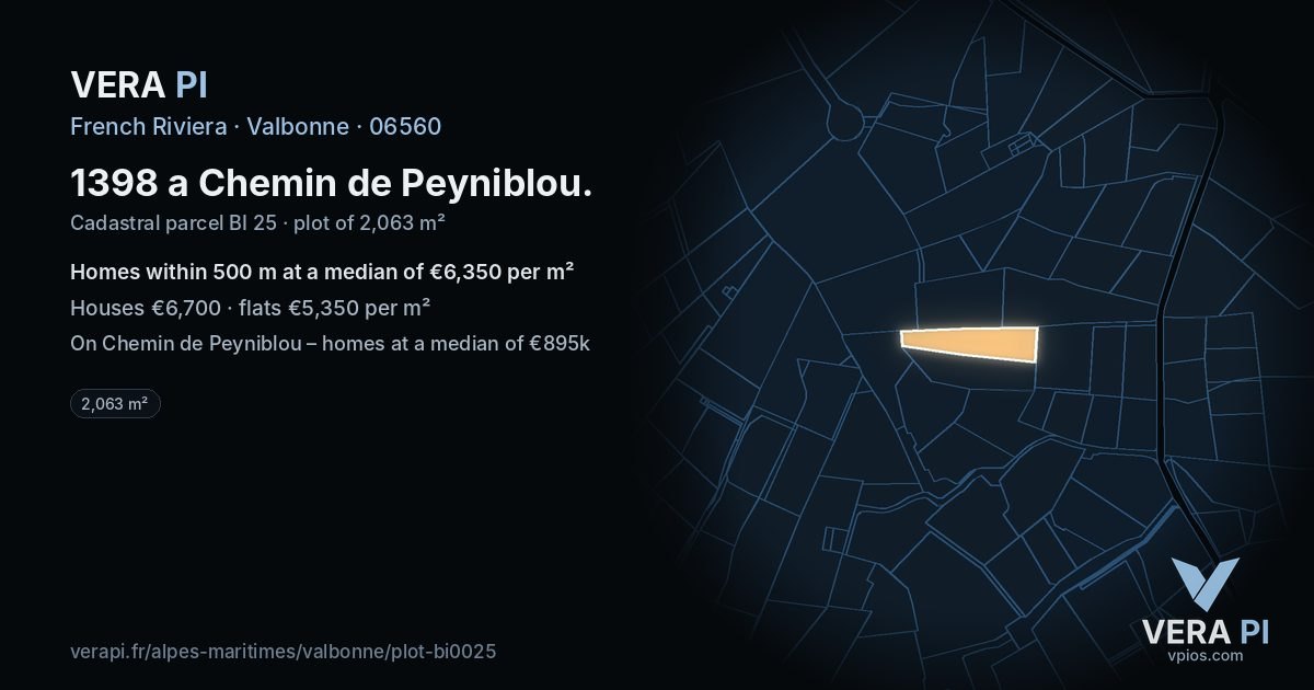 1398 a Chemin de Peyniblou, Valbonne at night – the plot lit, the parcels around coloured by the prices near them