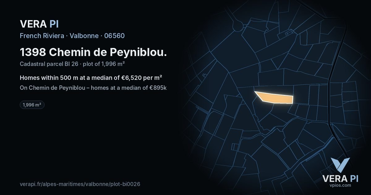 1398 Chemin de Peyniblou, Valbonne at night – the plot lit, the parcels around coloured by the prices near them