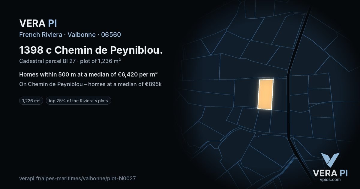 1398 c Chemin de Peyniblou, Valbonne at night – the plot lit, the parcels around coloured by the prices near them
