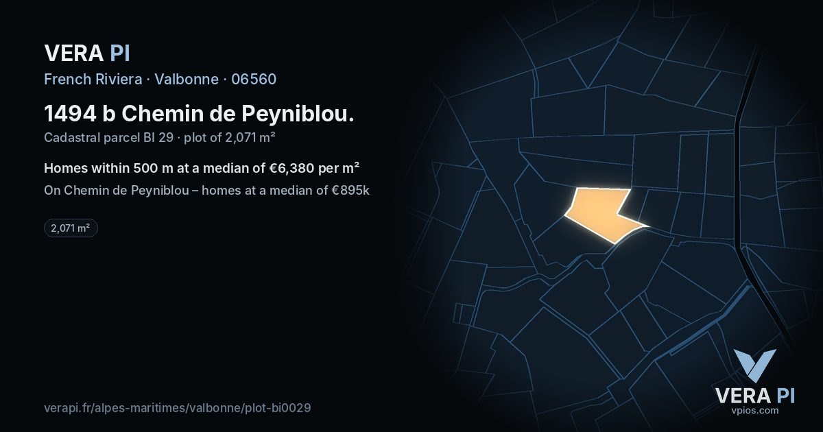 1494 b Chemin de Peyniblou, Valbonne at night – the plot lit, the parcels around coloured by the prices near them
