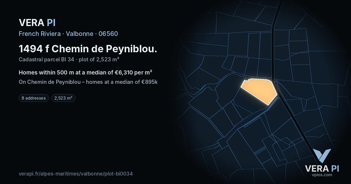 1494 f Chemin de Peyniblou, Valbonne at night – the plot lit, the parcels around coloured by the prices near them