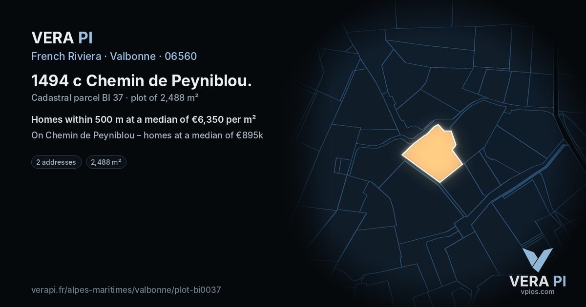 1494 c Chemin de Peyniblou, Valbonne at night – the plot lit, the parcels around coloured by the prices near them