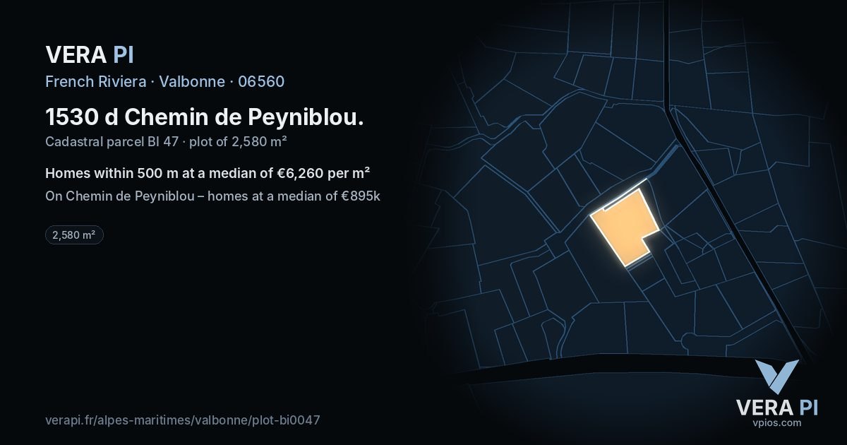 1530 d Chemin de Peyniblou, Valbonne at night – the plot lit, the parcels around coloured by the prices near them