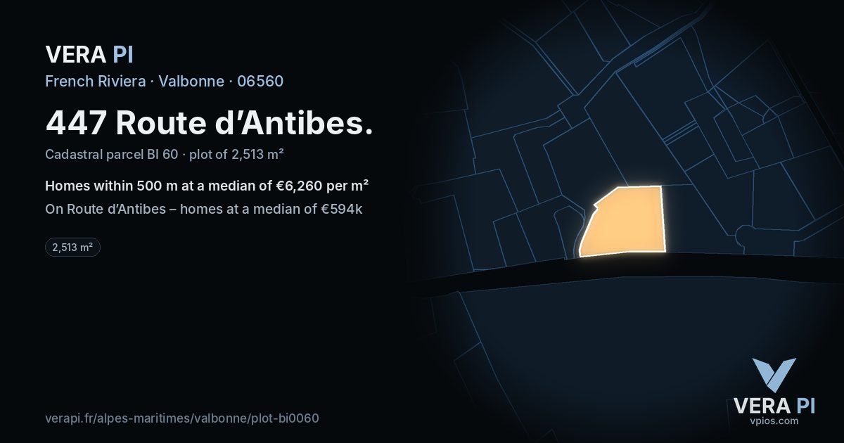 447 Route d’Antibes, Valbonne at night – the plot lit, the parcels around coloured by the prices near them