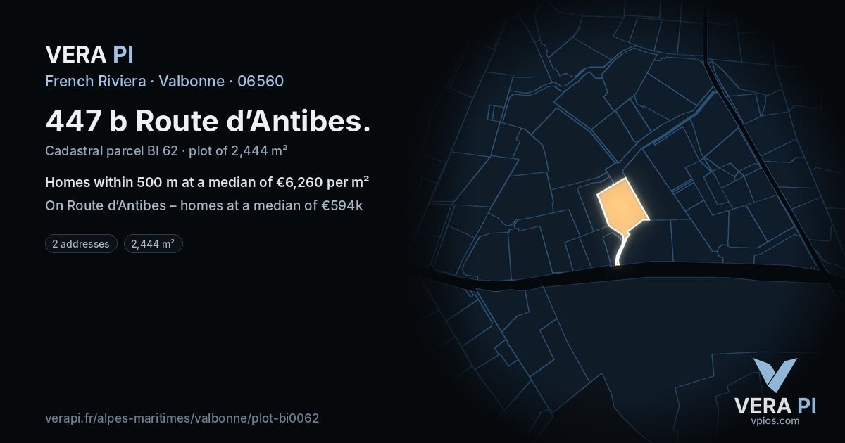 447 b Route d’Antibes, Valbonne at night – the plot lit, the parcels around coloured by the prices near them