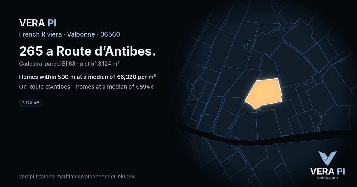 265 a Route d’Antibes, Valbonne at night – the plot lit, the parcels around coloured by the prices near them