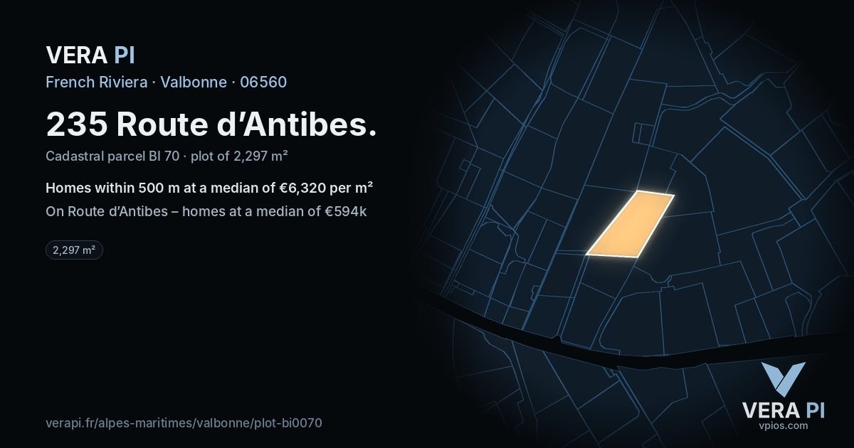235 Route d’Antibes, Valbonne at night – the plot lit, the parcels around coloured by the prices near them