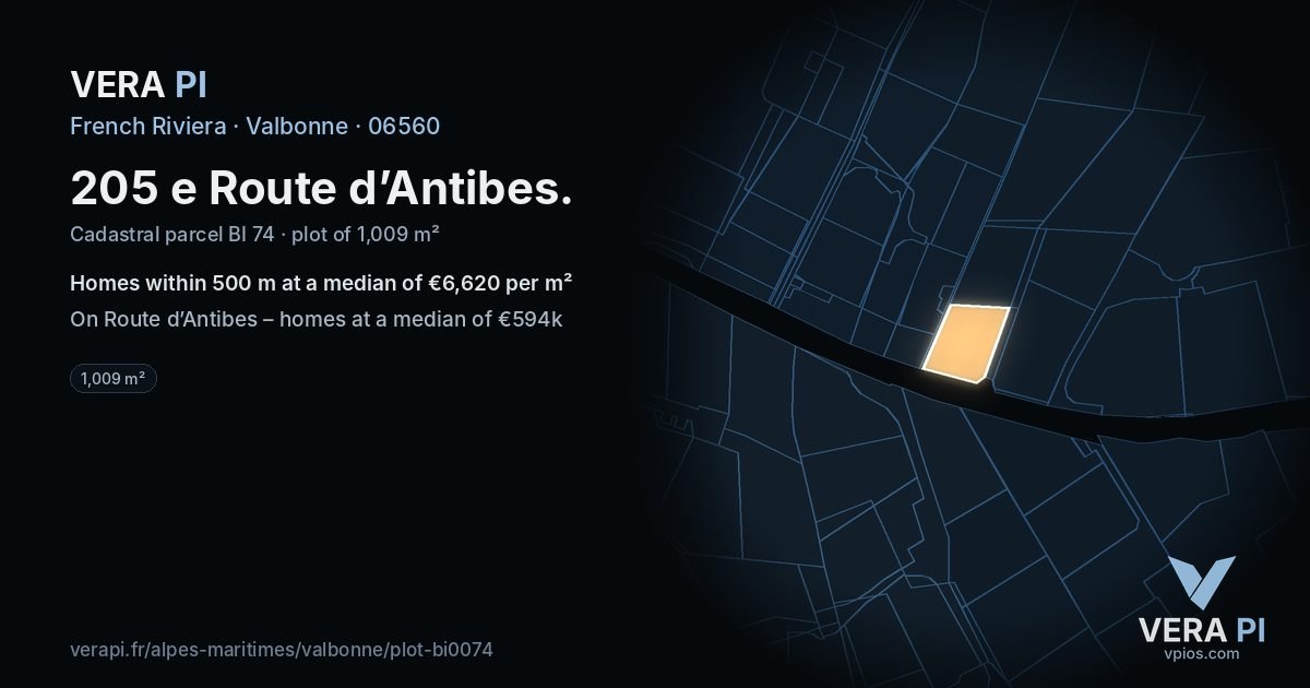 205 e Route d’Antibes, Valbonne at night – the plot lit, the parcels around coloured by the prices near them
