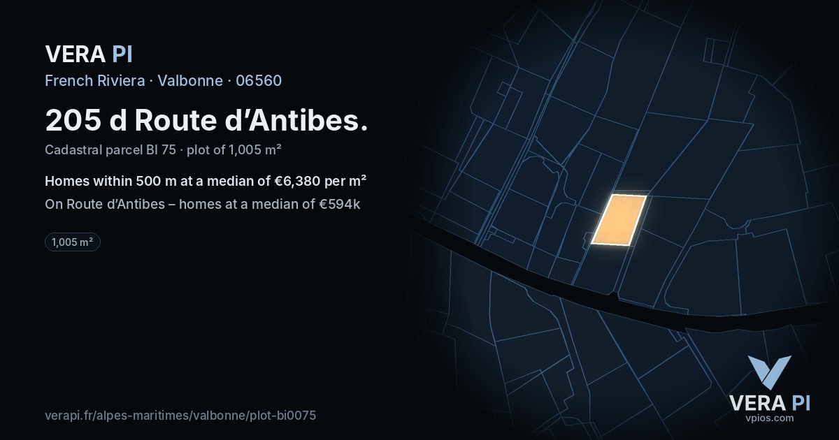 205 d Route d’Antibes, Valbonne at night – the plot lit, the parcels around coloured by the prices near them