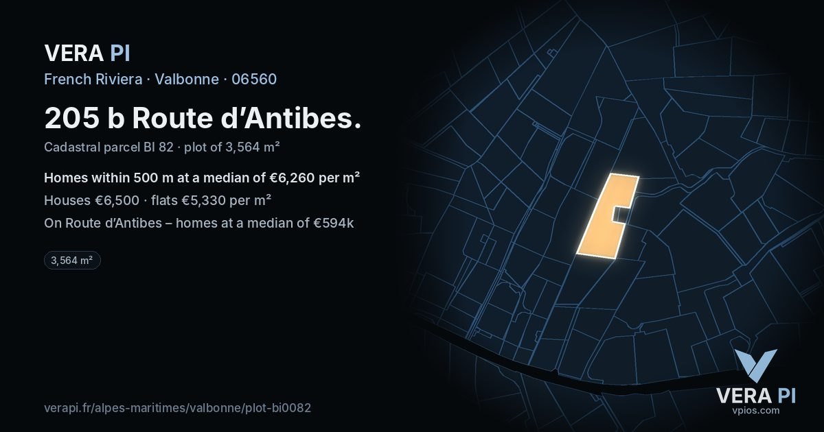 205 b Route d’Antibes, Valbonne at night – the plot lit, the parcels around coloured by the prices near them