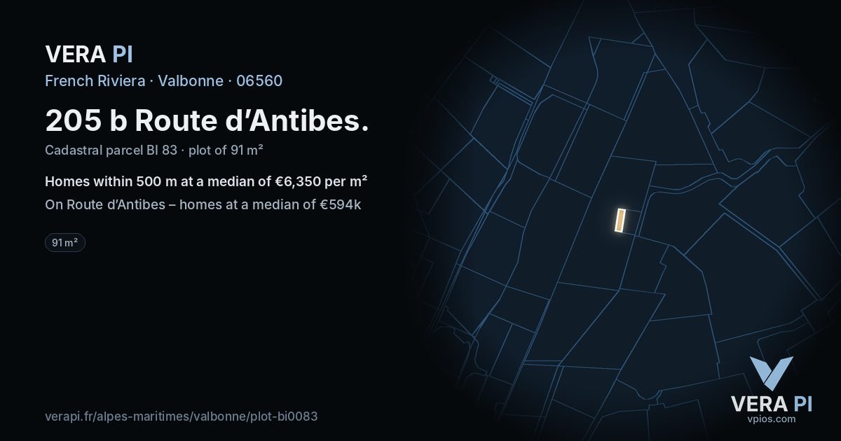 205 b Route d’Antibes, Valbonne at night – the plot lit, the parcels around coloured by the prices near them