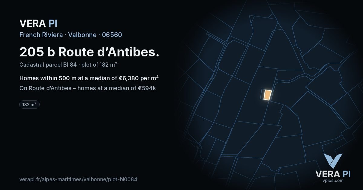 205 b Route d’Antibes, Valbonne at night – the plot lit, the parcels around coloured by the prices near them