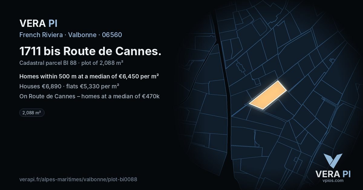 1711 bis Route de Cannes, Valbonne at night – the plot lit, the parcels around coloured by the prices near them