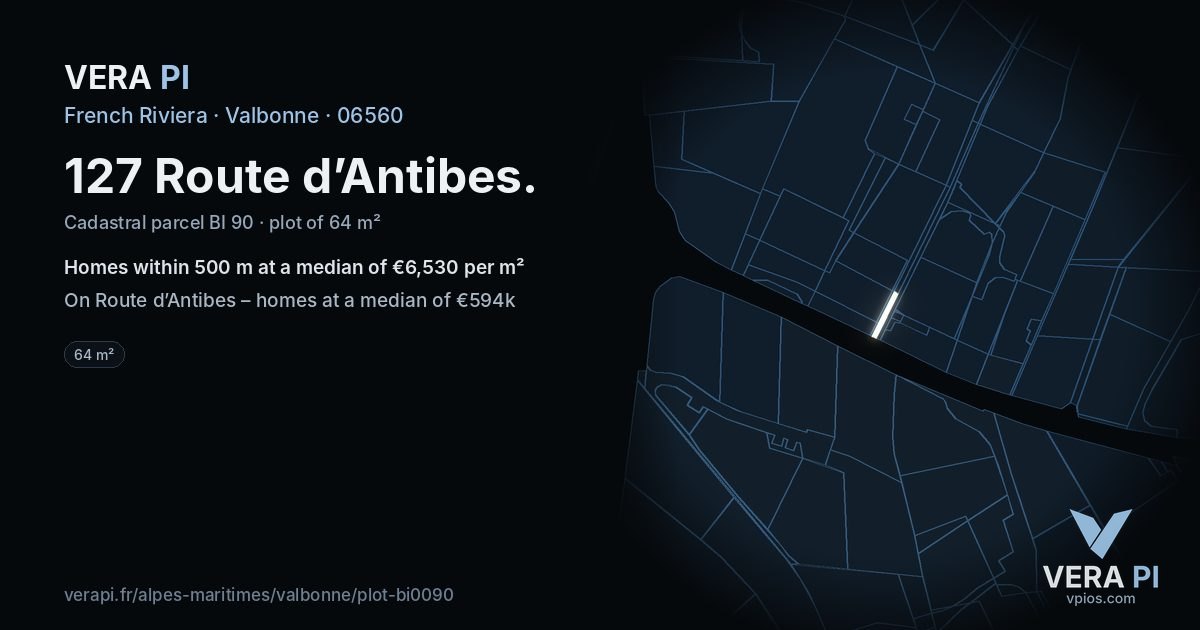 127 Route d’Antibes, Valbonne at night – the plot lit, the parcels around coloured by the prices near them