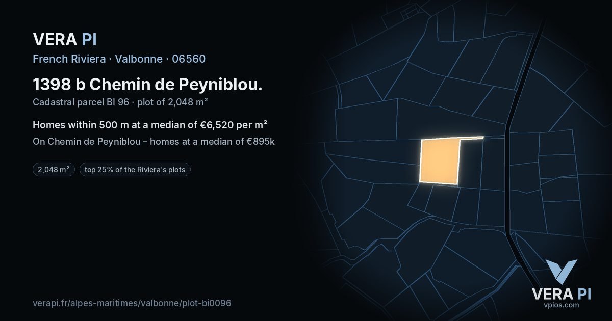 1398 b Chemin de Peyniblou, Valbonne at night – the plot lit, the parcels around coloured by the prices near them