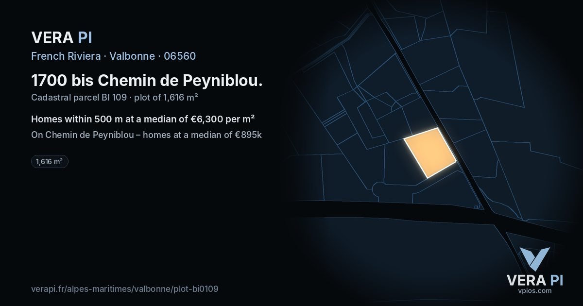 1700 bis Chemin de Peyniblou, Valbonne at night – the plot lit, the parcels around coloured by the prices near them