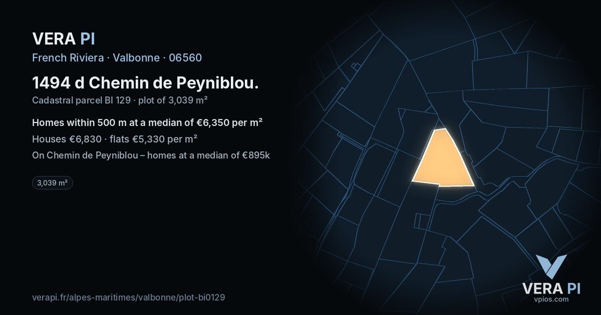 1494 d Chemin de Peyniblou, Valbonne at night – the plot lit, the parcels around coloured by the prices near them